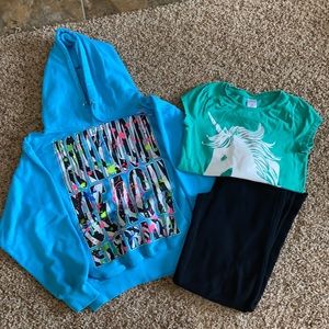 Girls sweatshirt, pants and T-shirt size 8.